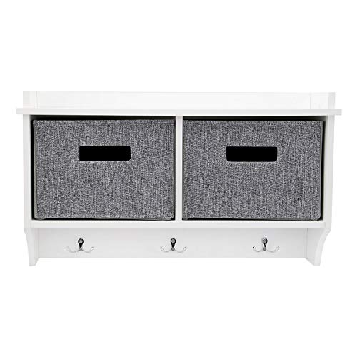 Taylor & Brown White Wooden Wall Mounted 3 Hook Coat Rack Display Storage Unit Shelf Modern Hallway Organiser Hooks Stand Hat with 2 Fabric Baskets - W60 x D20 x H34cm