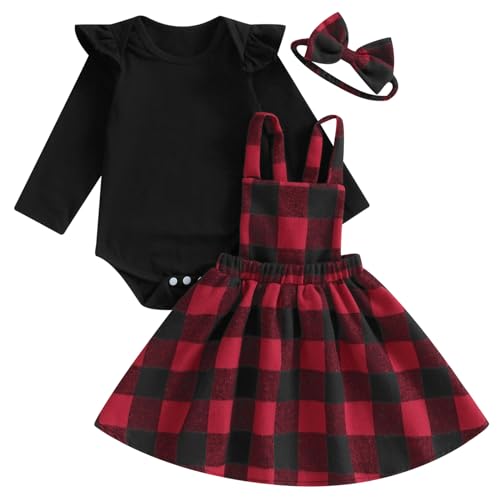 Image of Mubineo Baby Girl Christmas Clothes Plaid Outfits Long Sleeve Romper Overall Skirt Dress Cute Newborn Outfit
