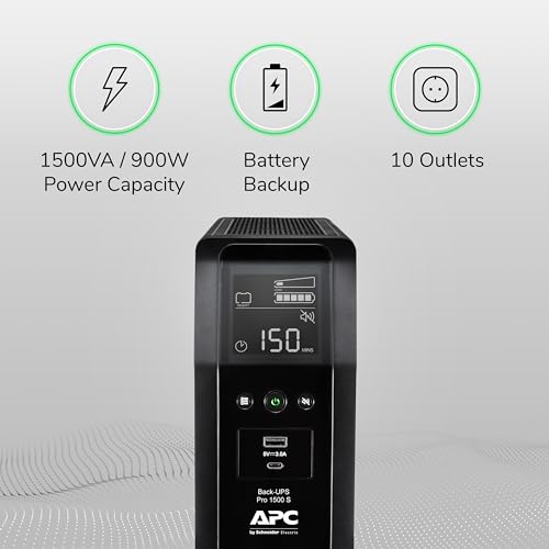 Image of APC UPS Back-UPS Pro 1500VA Sinewave UPS, 900W Battery Backup & Surge Protector, AVR, 10 Outlets, LCD, USB-C & USB-A Charging Ports, BR1500MS2 Uninterruptible Power Supply for Computers, Electronics