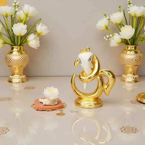 Image of Pearl White Om Ganesha | Gold Plated Ganpati Idol with Sacred Om Symbol for Home, Office, Pooja Room, Travel & Car Dashboard |Ganesha Murti for Blessings, Positive Energy | Height 2.3 Inch