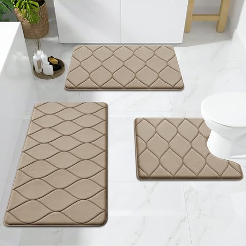 Image of Smiry Memory Foam Bath Mat 24x16, Ultra Soft Absorbent Bathroom Rugs | Tan, Plush Quick Dry and Machine Washable Cushion Bath Mats for Bathroom, Shower, Tub & Home Decor