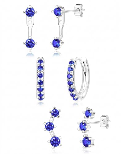 Silver Blue Earrings for Women Royal Blue September Birthstone Created Sapphire Jewerly Set Huggie Hoop Jacket Earring Stack for Multiple Piercing Trendy Jewelry Gifts