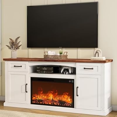 ALLSTAND Fireplace TV Stand for up to 80 inch TV, 32" Tall Entertainment Center with Fireplace, Farmhouse TV Stands with Electric Fireplace for Living Room, 2 Storage Cabinets, 2 Drawers, 70in, White