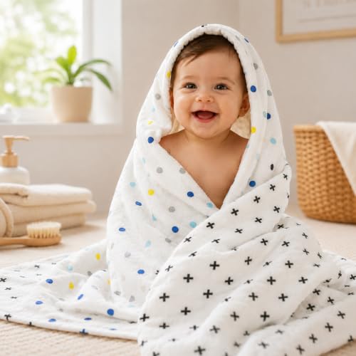 Image of Organic Cotton Muslin Pack of 2 Baby Bath Towel Cotton Cloth Premium Baby Washable, Reusable, Absorbent, Extra Soft 120 X 120 Cm Multi Dot & Black Plus
