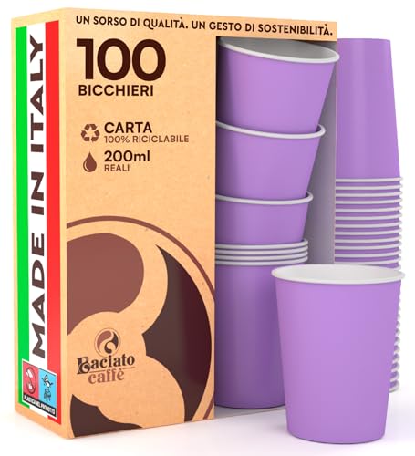 Baciato Caffè 100 Bicchieri in Carta 200ml Ecologici Biodegradabili Monouso Made in Italy Asporto Bevande Calde Acqua Colorati LILLA - Prodotto e Confezionato in Italia