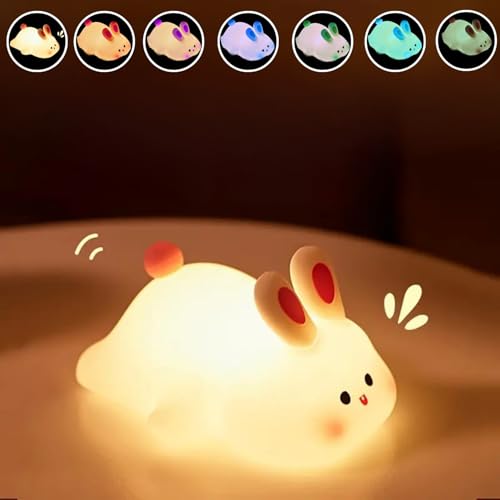Image of One94Store Kids Cute Little Rabbit Touch Silicone Night Lamp - Rechargeable LED Bedside Lamp for Children's Bedroom, Romantic Decor, Valentine Day Gift, Love Gift for Her, Couple Gift