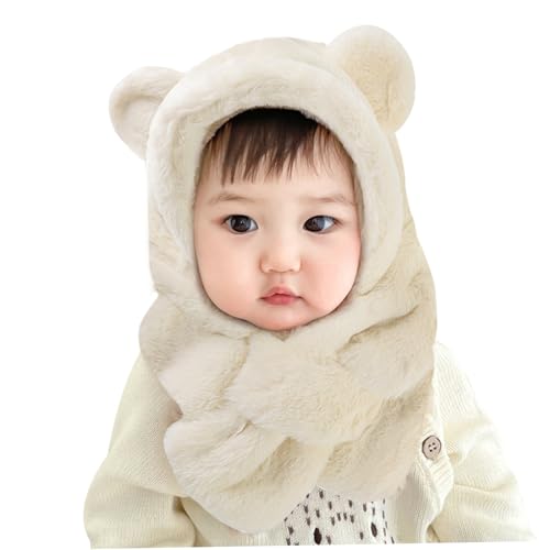 Toddler Hat Scarf with Cute Ears Polyester Winter Thermal Bear Hat Scarf Windproof Color Hand Washable Bear for 6 Month to 2 Years Old, Beige White Toddler3