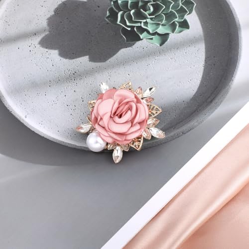 Image of Brooches for Women, Flower Brooch for Women Men Wedding Party Gentleman's Handmade Crystal Pearl Fabric Flower Lapel Pink Pin Dress Boutonniere Ideas Suit Accessories