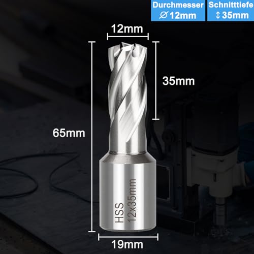 BALUGAEA Kernbohrer HSS, 12 mm Schneiddurchmesser, 19 mm Weldonschaft, 35 mm Schnitttiefe, Kernbohrer für Magnetbohrmaschinen, Zubehör für Magnetbohrmaschinen, Metallbearbeitungswerkzeuge