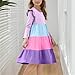 Girls Flutter Sleeve Summer Flowy Dress, Color Block Cute Crewncek Casual Tiered Swing A-Line Dresses for 5-15 Years