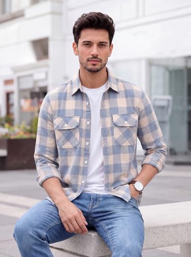Image of Amazon Brand - INKAST Men's Cotton Blend Button Down Shirt || Long Sleeve Casual Flannel Check Shirt || Soft Breathable Lightweight Collared Shirts with Two Flap Chest Pockets || Stylish Everyday Wear