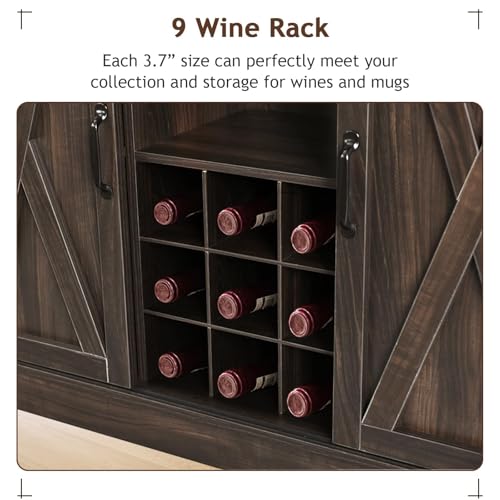 4ever2buy Farmhouse Coffee Bar Cabinet with 4 Mug Hooks, 72 Inch Wine Bar with with Hutch and 2 Sliding Barn Doors, Tall Coffee Bar with 9 Wine Racks for Living Dining Room, Dark Oak