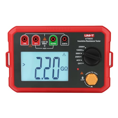 UNI-T Megohmmeter,UT502C Digital Insulation Resistance Tester,2.5KV-20GΩ megger Tester with 30V-75V AC Voltage Measurement Backlight Auto Range for Transformer, Cable Switch，Motors, HVAC Maintenance