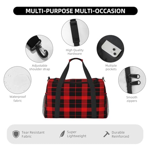 Duffle Bag Classic Red Black Plaid Travel Duffel Bags for Men Women with Adjustable Strap Carry on Gym Bag Overnight Weekender Bag4