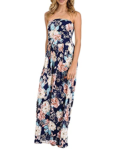 GloryStar Women's Summer Boho Strapless Midi Dresses High Waist Vintage Floral Print Maxi Long Dress with Pockets Sapphire M
