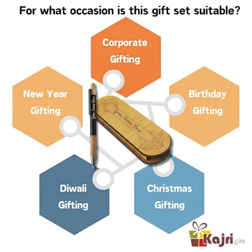 Image of Kajri Gifts Personalized Pen with Name Engraved Wooden Gift Box Best for Gifting, Corporate Gift, Doctor, Advocate, Boss, Employee, Teacher (Cork Black)