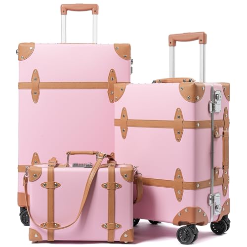 Image of Vintage PU Leather Luggage Set, Retro Trunk Suitcase with Wide Aluminum Frame, TSA Key Locks and Smooth 360 Spinner Wheels (Blush Pink,12 inch+20 inch+26 inch)