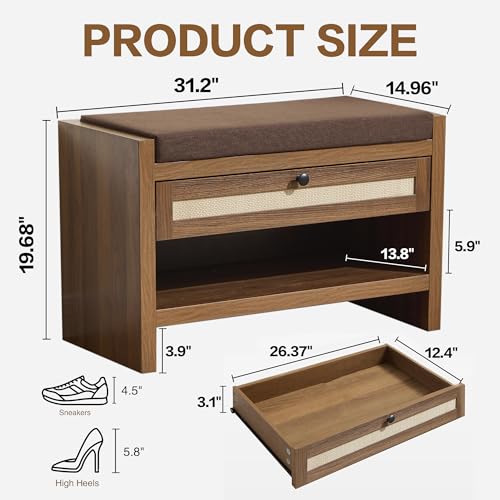 VipDesk-Rattan-Shoe-Bench-with-Storage-Drawer-and-Cushion-Seat-Walnut-Wood-Entryway-Bench-330-lbs-Capacity-Waterproof-for-Hallway-Bedroom-Living-Room