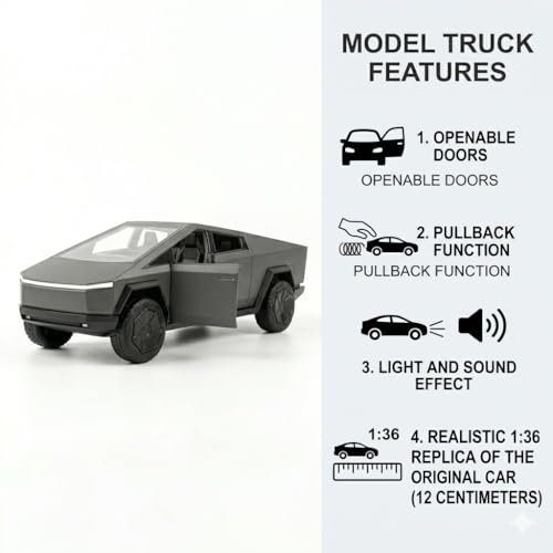 Image of Tesla Cybertruck Pickup 1:36 Scale Die-Cast Metal Car Model - Openable Doors Pull-Back Alloy Electric Truck Collectible Toy Car