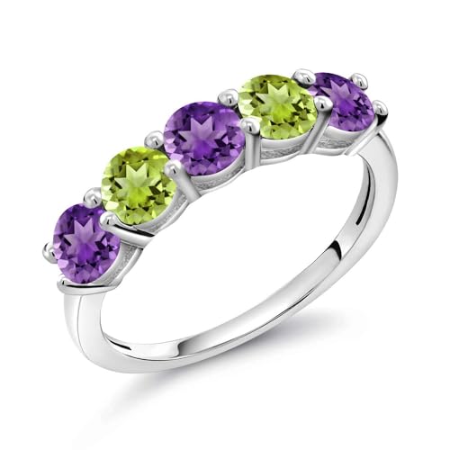 Gem Stone King 925 Sterling Silver Purple Amethyst and Green Peridot Wedding Band Ring For Women (0.89 Cttw, Round 3.5MM, Gemstone February Birthstone, Available In Size 5, 6, 7, 8, 9)