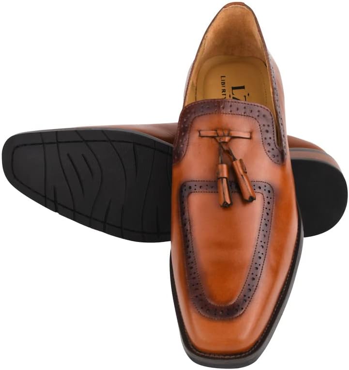 LIBERTYZENO Mens Genuine Leather Tassel Loafer Slip On Dress Shoes 7.5 Tan
