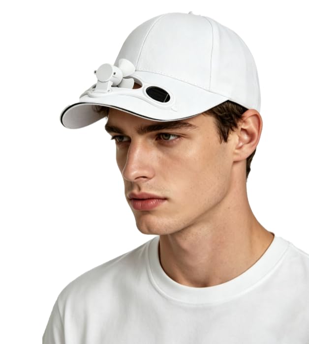 LONTG Casquette de Baseball Unisexe Ventilateur Solaire Blanc Taille Réglable 54-60 cm Protection UV Été Outdoor Sport Randonnée