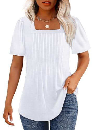 OFEEFAN T Shirts for Women Pleated Square Neck Dressy Casual Blouses Puff Short Sleeve Summer Tops Loose Fit