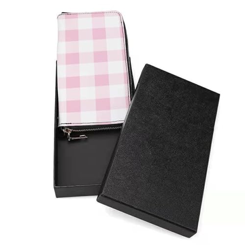 Light Pink White Checkered Texture PU Leather Clutch Long Bifold Wallet, Coin Purse Credit Pass Case, Durable Card-Holder Money Storage for Women Men3