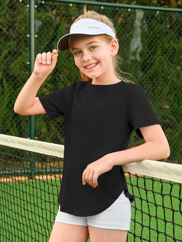 Image of Haloumoning Girls Summer Short Sleeve Shirt Kids Crewneck Curve Hem Soft Tunic Tops T-Shirts 5-14 Years