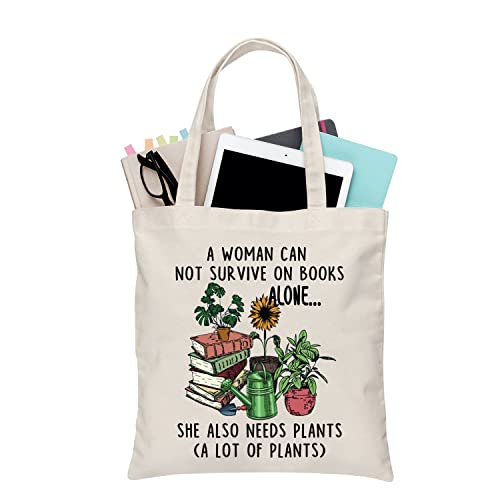 BDPWSS Book Plant Tote Bag For Women Book Lover a Woman Can Not Survive On Books Alone She Also Needs Plants Canvas Handbag
