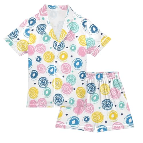 Colorful Cute Circle Pattern Summer Satin Pajama Set, Cute Button-Down Sleepwear Pj Set for Sleep Wears