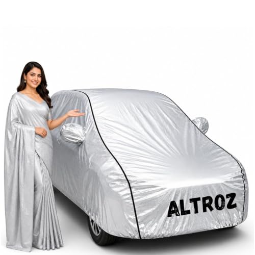 Image of Waterproof Car Body Cover for Altroz All Weather Protection Comes with Inner Cotton Lining & Triple Stitched with Mirror & Antenna Pocket Belt & Elastic Fit Metallic Silver with Black Piping1