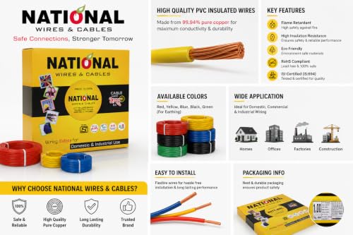 Image of NATIONAL P.V.C. INSULATED WIRES & CABLES | 1.5mm | 90m | FR PVC Insulated CCA Copper Wire | Single Core Multi-Strand House Wiring Cable | Gauge (10 No.) | Black