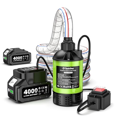 TaskStar Cordless Submersible Water Pump Brushless Small Battery Powered Sump Pump with 2x4000mAh Battery & Hose for Swimming Pool Tank Garden Pond Basement Camping Boat Rain Barrels Outdoor Draining