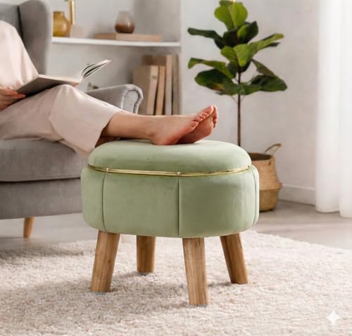 Image of Velvet Upholstered Round Ottoman Footstool | Anti-Slip Feet | Multipurpose Footrest, Step Stool & Vanity Seating & Decor | 40 x 30 cm (16 x 12 Inch) | Light Green