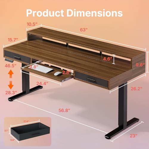 Image of HUANUO 63″ x 26″ Electric Standing Desk with 2 Drawers &24.4″ Large Keyboard Tray, C-Clamp Mount Compatible, Adjustable Computer Desk for Office, Sit Stand Up Desk with 4 Height Presets, Deep Walnut