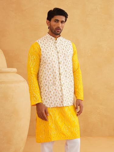 Sojanya (Since 1958 Men's Cotton Designer Mustard Kurta With Churidaar Pyjama & Cream Nehru Jacket