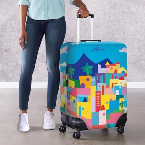 Luggage Cover Washable Suitcase Protector Spandex Luggage Cover for Baggage Case Cover Protector, Colorful Village Pattern4