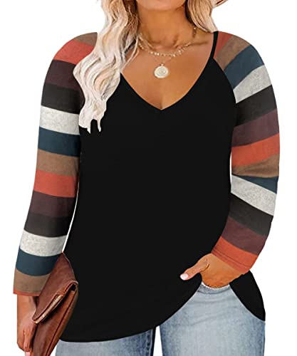Image of TIYOMI Plus Size Tops for Women Raglan Long Sleeve V Neck T Shirts Casual Color Block Leopard /Floral Tops Winter Tee Shirt