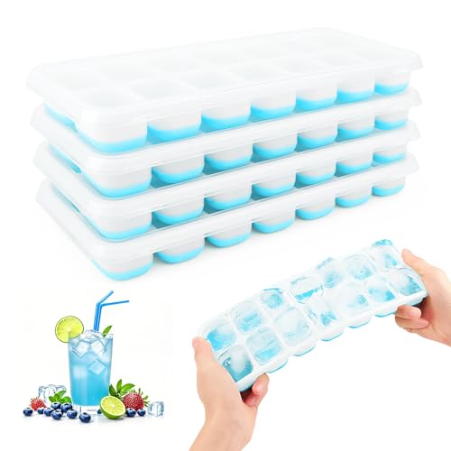 Cubiteras para Hielo con Tapa, 4 Piezas Moldes de Cubitos Hielo Silicona, RISVOWO cubiteras para hielo reutilizables, Apilables Bandeja Cubo Hielo para Cócteles, Whisky, Vino, Puré de Frutas(Azul)