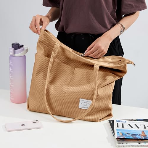 Image of KALIDI Women Corduroy Tote Bag Zipper Casual Tote's Handbag Big Capacity Shoulder Bag with Pockets