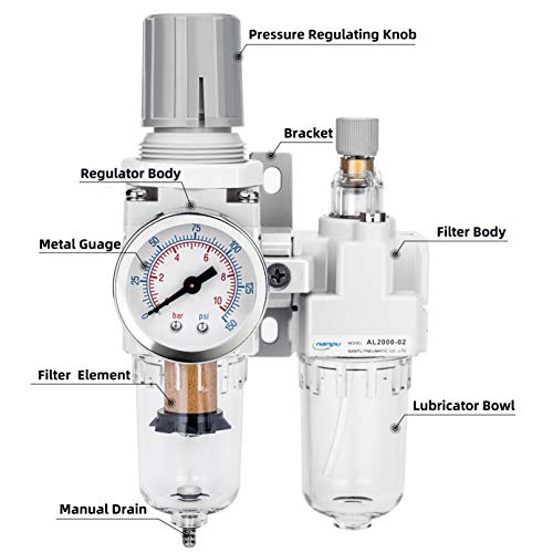 NANPU 1/4\" NPT Compressed Air Filter Regulator Lubricator Combo Water/Oil Trap Separator - Gauge(0-150 psi), Poly Bowl, Semi-Auto Drain, Bracket - 3 in 1 Two Unit - Thumbnail 2