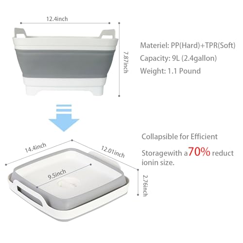 CQHVKQ 2.4 Gal(9L) Collapsible Dish Basin for Baby Bottles,Collapsible Kitchen Sink with Drain,Laundry Tub,Dish Tubs, Camping Sink Foldable, Kitchen Storage Tray for Camping, Vegetable Washing,Towel