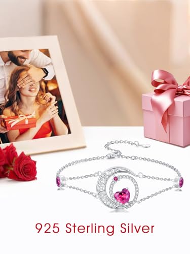 Image of Dorunmo 925 Sterling Silver Moon Heart Birthstone Anklet Bracelets for Women Best Mother's Day Birthday Jewelry for Wife Girlfriend Mom Her