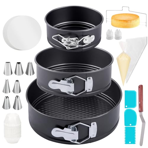 Dayacoco 100Pcs Cake Tins for Baking Includes 4/7/9 Inch Non Stick Baking Tins with Baking Accessories Piping Bags Nozzles Scrapers Leveler Perfect for Baking Cheesecakes Pie Quiches (Black)