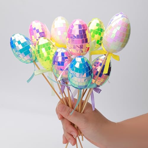 HDLJIAL Ostereier Picks, 12 Pack Disco Ball Glitter Ostereier, Pastellfarben mit Bänder, Funkel Eier Stäbchen für Osterdekorationen, Osterbaum, Mittelstück, DIY-Handwerk, Partybedarf