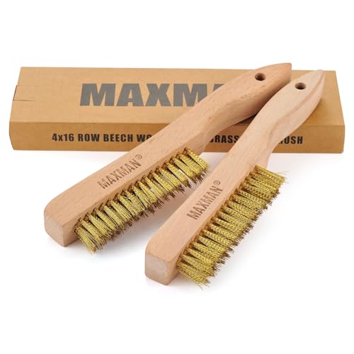 MAXMAN Brass Brush Soft Brass Bristle Brush Wire Brushes for Cleaning Metal Rust Welds with 10 Beechwood Handle 2 Pcs