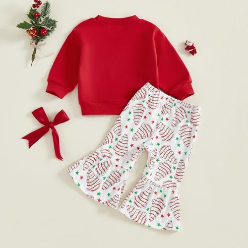 Toddler Baby Girl Christmas Outfit Christmas Tree Cake Bow Sweatshirt Flared Pants Set Little Kids Bell Bottoms2