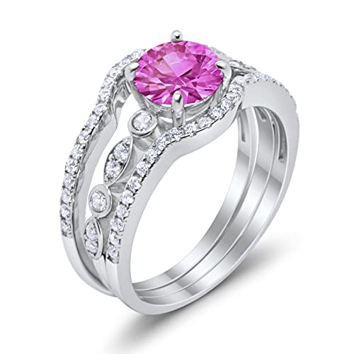 Blue Apple Co. Art Deco Trio Set Three Piece Bridal Set Ring Band Round Cubic Zirconia 925 Sterling Silver Wedding Engagement Promise Ring3