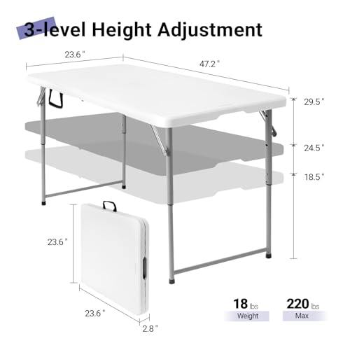 Image of Byliable Folding Table 4 Foot, Heavy Duty Portable Plastic Fold-in-Half Utility 4ft Folding Table with Carrying Handle for Indoor Outdoor, Camping Picnic Party, White